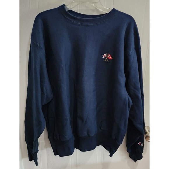 VTG Reverse Weave CHAMPION Sweatshirt Mens Navy Blue Nautical Flag Logo Size L - Picture 1 of 11
